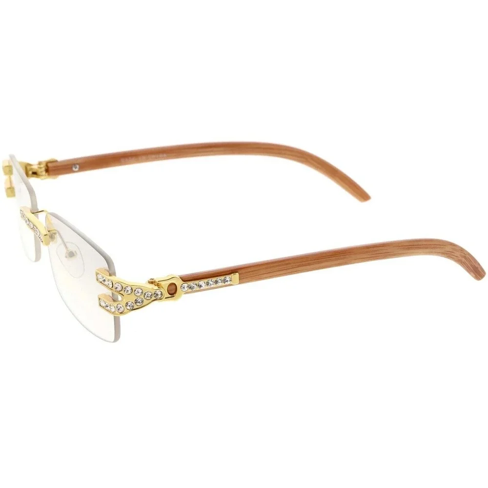 Rimless Sunglasses Men Gold Clear Lens Wood Grain Arm Fashion Eyewear‎ Rap Music